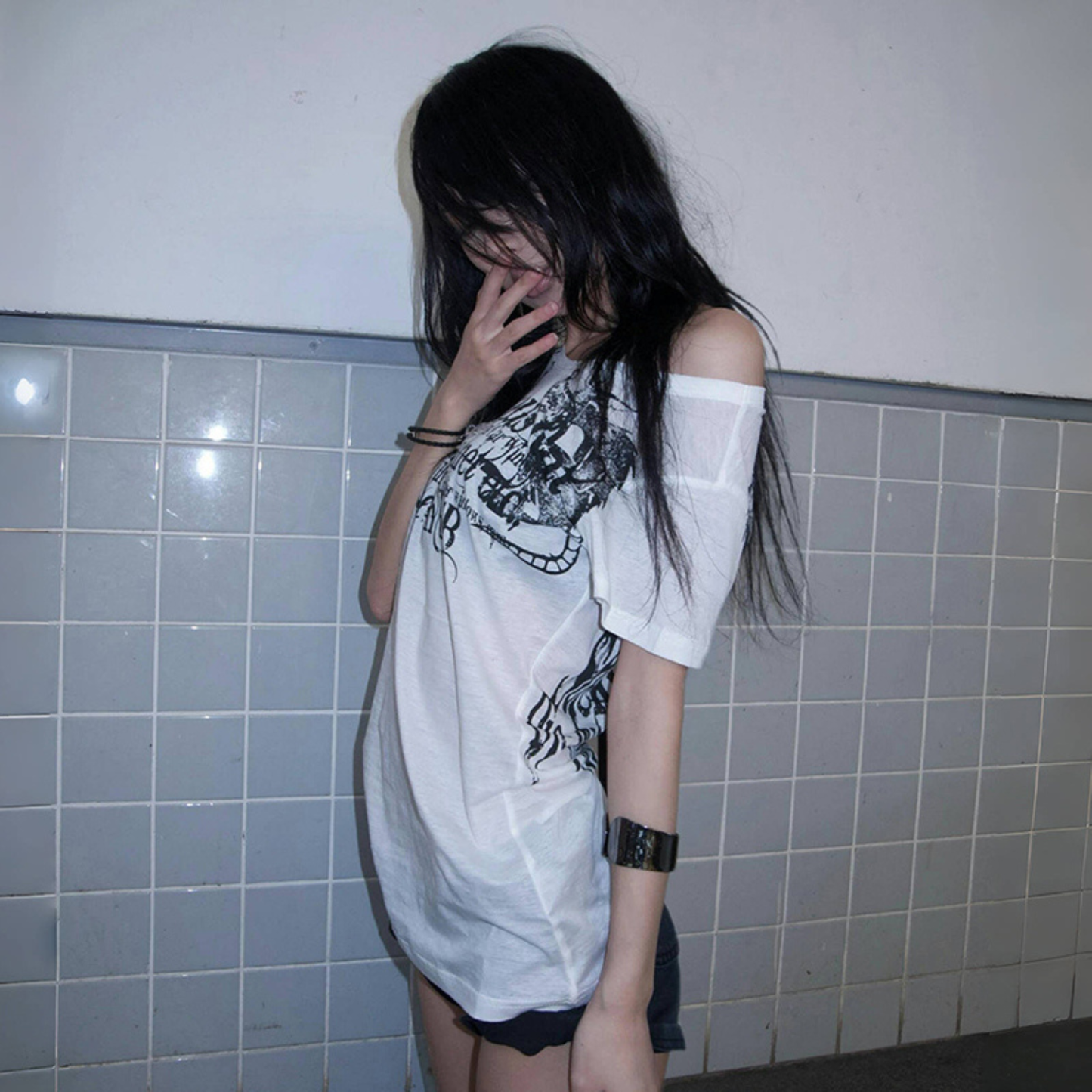Angel Letter Sheer Tee  Y2K Grunge Off Shoulder Top