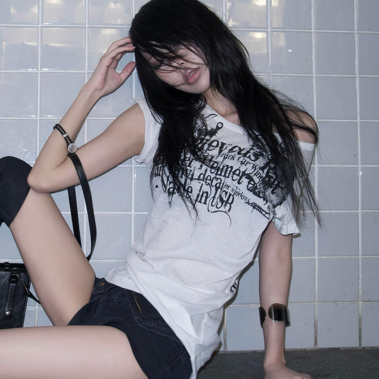 Angel Letter Sheer Tee  Y2K Grunge Off Shoulder Top