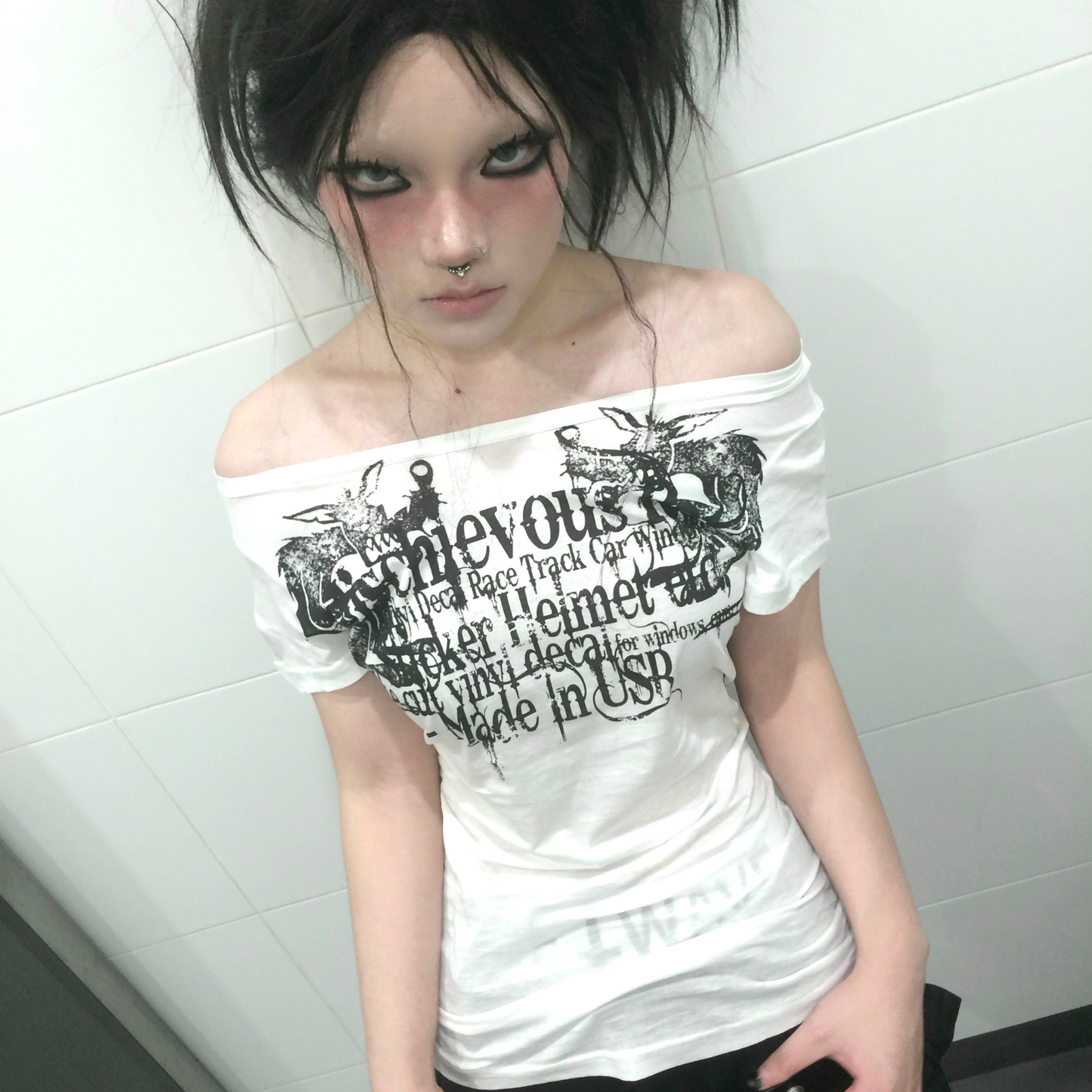 Angel Letter Sheer Tee  Y2K Grunge Off Shoulder Top